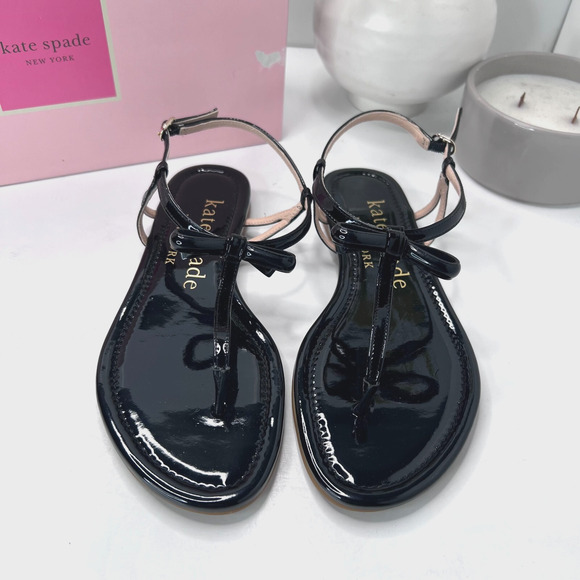 Kate Spade Piazza Patent Bow Ankle Strap Sandal Black K3303 Women 6.5 B NWB - Picture 2 of 10